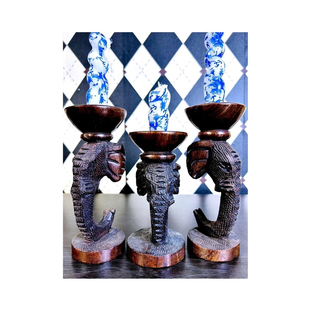 Hand‎ Carved Zimbabwe Wooden Elephant Candle Holders Set of 3 African Safari